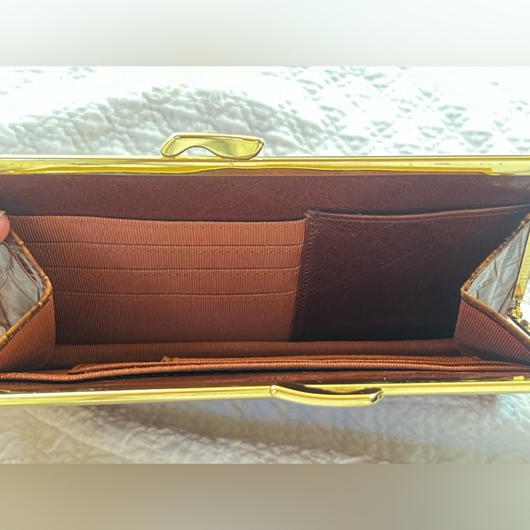 NEW Women’s ABAS croc embossed patent leather brown clutch wallet. Gold hdwr - Picture 3 of 9